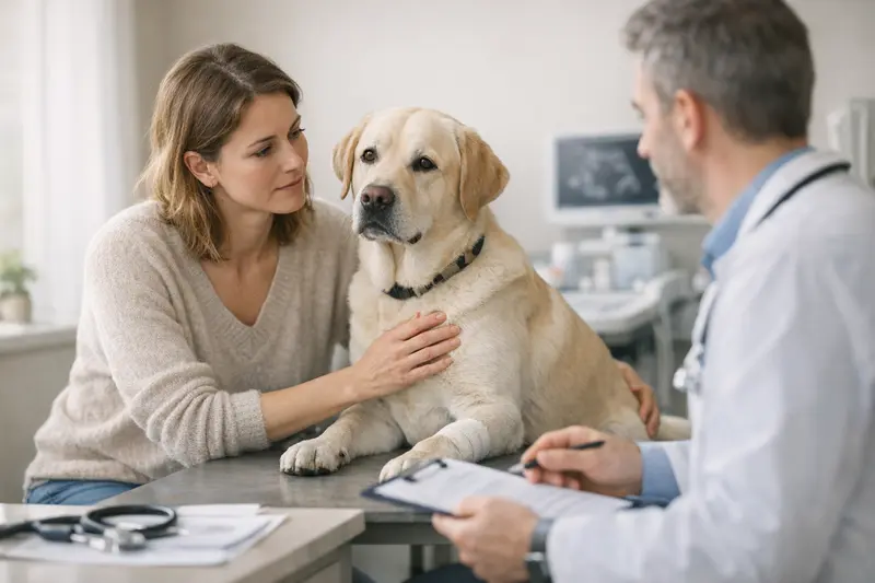 Tierarzt untersucht einen Hund, um die Notwendigkeit einer Hundekrankenversicherung zu verdeutlichen.